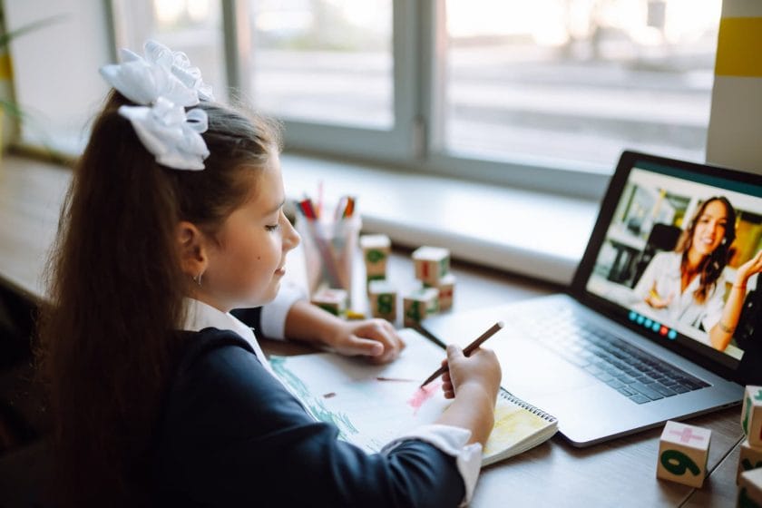 An image of a Homeschooling girl in Online remote learning during Covid-19 quarantine.